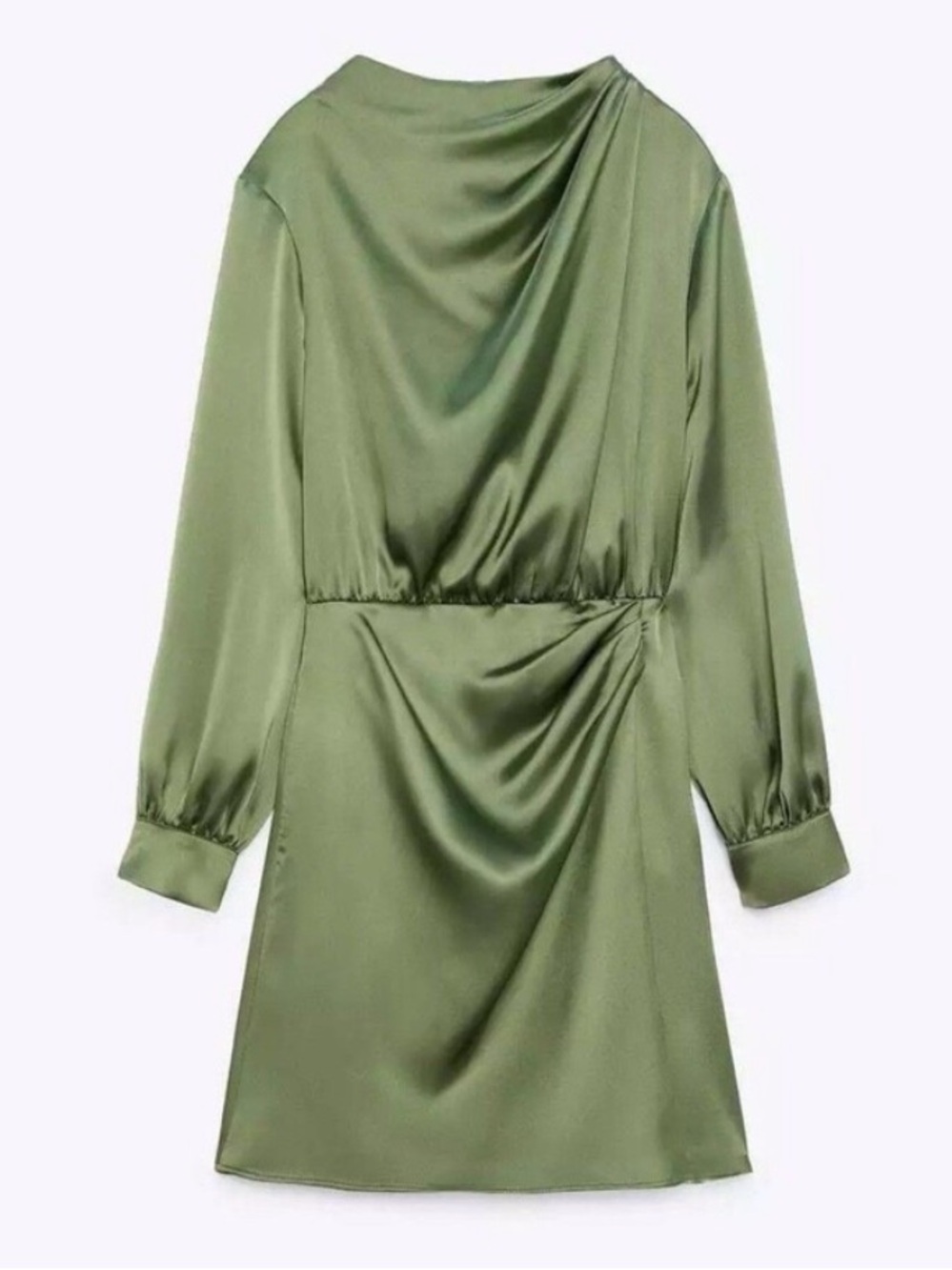 ZARA Olive Green Satin Long-Sleeve Draped Mini Dress